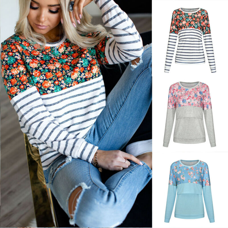 Women Breastfeeding Nursing Maternity Top Hoodies Soft Warm Long Sleeve Clothes Pregnant Women Sweatshirt Striped Casual S-XXL