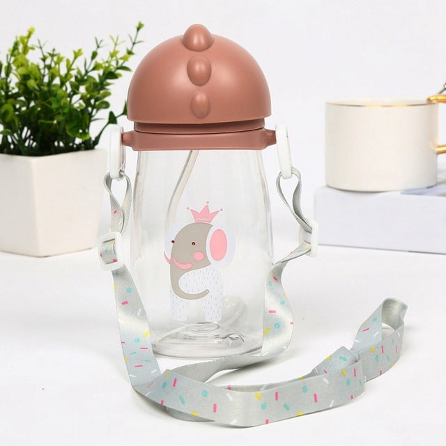 Kids Children Cartoon Animal School Drinking Water Straw Bottle Straw Sippy Baby Cup With Shoulder Strap 420ml
