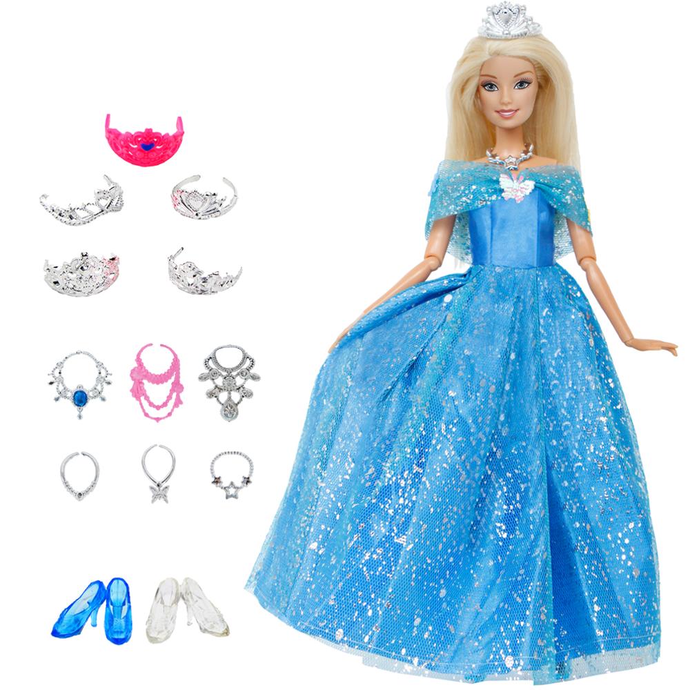 14 Pcs / Lot = 1x Doll Dress Copy Cinderella Princess + 13xRandom Accessories Shoes Handbag Glasses Clothes for Barbie Doll Toys