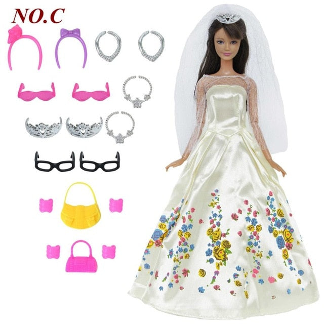 14 Pcs / Lot = 1x Doll Dress Copy Cinderella Princess + 13xRandom Accessories Shoes Handbag Glasses Clothes for Barbie Doll Toys