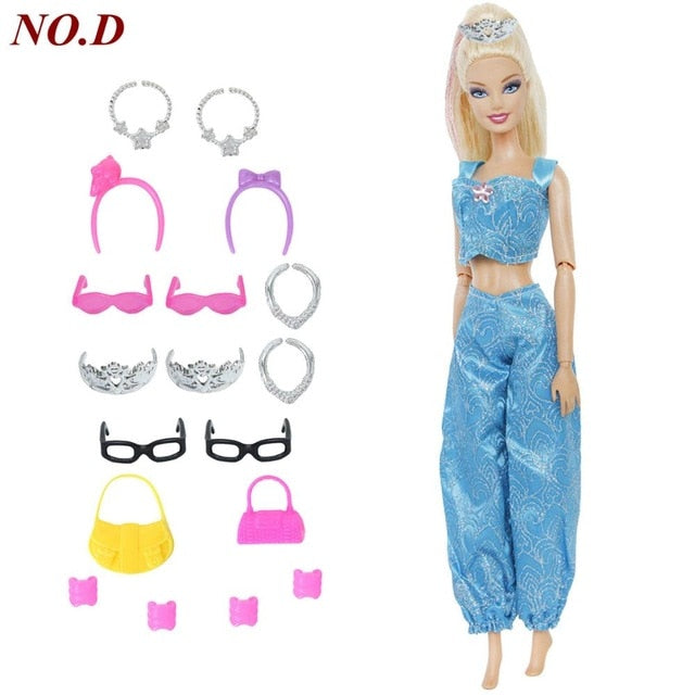 14 Pcs / Lot = 1x Doll Dress Copy Cinderella Princess + 13xRandom Accessories Shoes Handbag Glasses Clothes for Barbie Doll Toys
