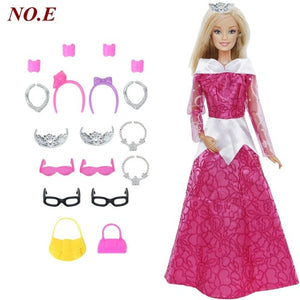 14 Pcs / Lot = 1x Doll Dress Copy Cinderella Princess + 13xRandom Accessories Shoes Handbag Glasses Clothes for Barbie Doll Toys