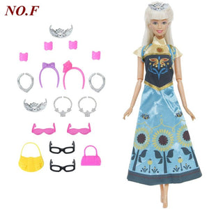 14 Pcs / Lot = 1x Doll Dress Copy Cinderella Princess + 13xRandom Accessories Shoes Handbag Glasses Clothes for Barbie Doll Toys
