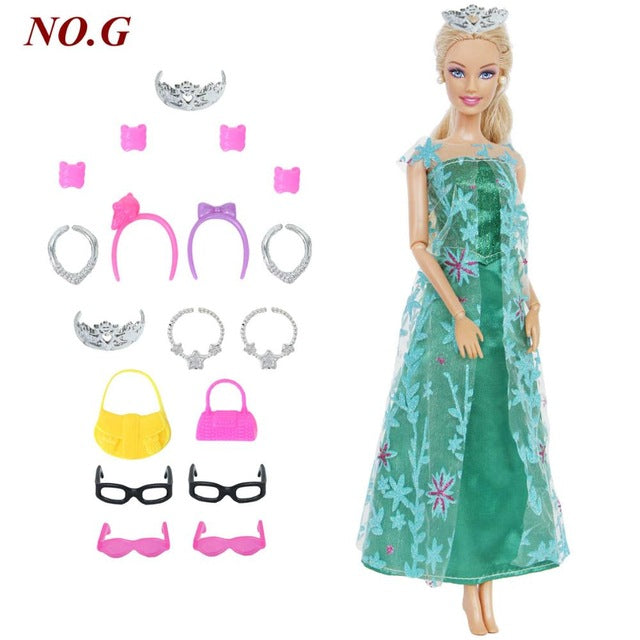 14 Pcs / Lot = 1x Doll Dress Copy Cinderella Princess + 13xRandom Accessories Shoes Handbag Glasses Clothes for Barbie Doll Toys