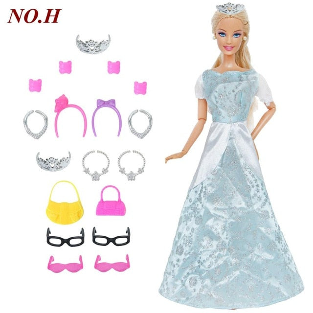 14 Pcs / Lot = 1x Doll Dress Copy Cinderella Princess + 13xRandom Accessories Shoes Handbag Glasses Clothes for Barbie Doll Toys