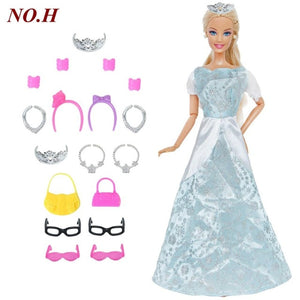 14 Pcs / Lot = 1x Doll Dress Copy Cinderella Princess + 13xRandom Accessories Shoes Handbag Glasses Clothes for Barbie Doll Toys