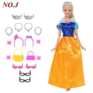 14 Pcs / Lot = 1x Doll Dress Copy Cinderella Princess + 13xRandom Accessories Shoes Handbag Glasses Clothes for Barbie Doll Toys