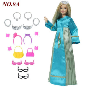 14 Pcs / Lot = 1x Doll Dress Copy Cinderella Princess + 13xRandom Accessories Shoes Handbag Glasses Clothes for Barbie Doll Toys