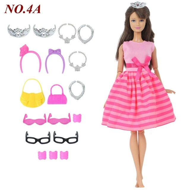 14 Pcs / Lot = 1x Doll Dress Copy Cinderella Princess + 13xRandom Accessories Shoes Handbag Glasses Clothes for Barbie Doll Toys