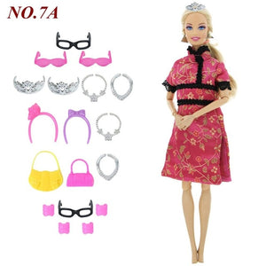 14 Pcs / Lot = 1x Doll Dress Copy Cinderella Princess + 13xRandom Accessories Shoes Handbag Glasses Clothes for Barbie Doll Toys
