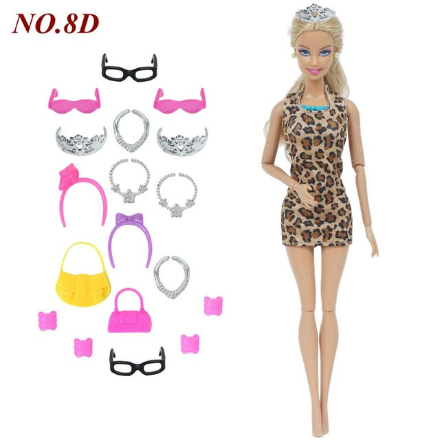 14 Pcs / Lot = 1x Doll Dress Copy Cinderella Princess + 13xRandom Accessories Shoes Handbag Glasses Clothes for Barbie Doll Toys