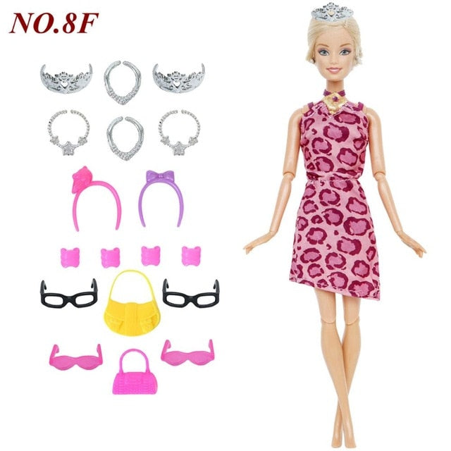14 Pcs / Lot = 1x Doll Dress Copy Cinderella Princess + 13xRandom Accessories Shoes Handbag Glasses Clothes for Barbie Doll Toys