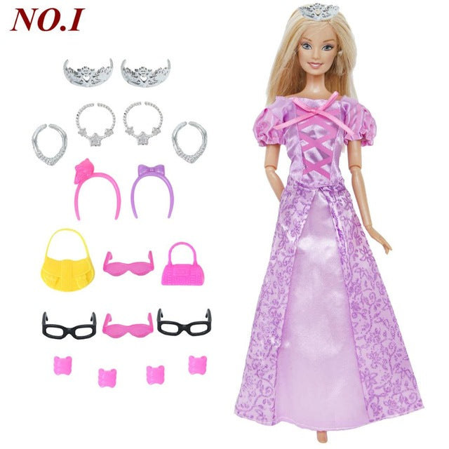 14 Pcs / Lot = 1x Doll Dress Copy Cinderella Princess + 13xRandom Accessories Shoes Handbag Glasses Clothes for Barbie Doll Toys