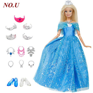 14 Pcs / Lot = 1x Doll Dress Copy Cinderella Princess + 13xRandom Accessories Shoes Handbag Glasses Clothes for Barbie Doll Toys