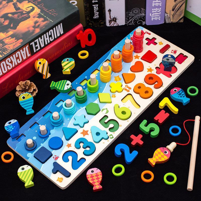 Montessori Children's Education Wooden Toys Busy Board Math Fishing Preschool Wooden Montessori Toy Counting Geometric Toys