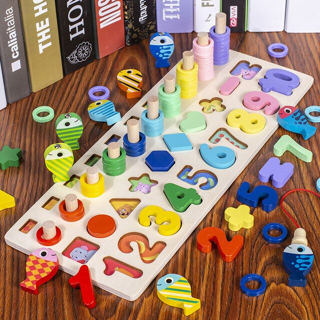 Montessori Children's Education Wooden Toys Busy Board Math Fishing Preschool Wooden Montessori Toy Counting Geometric Toys