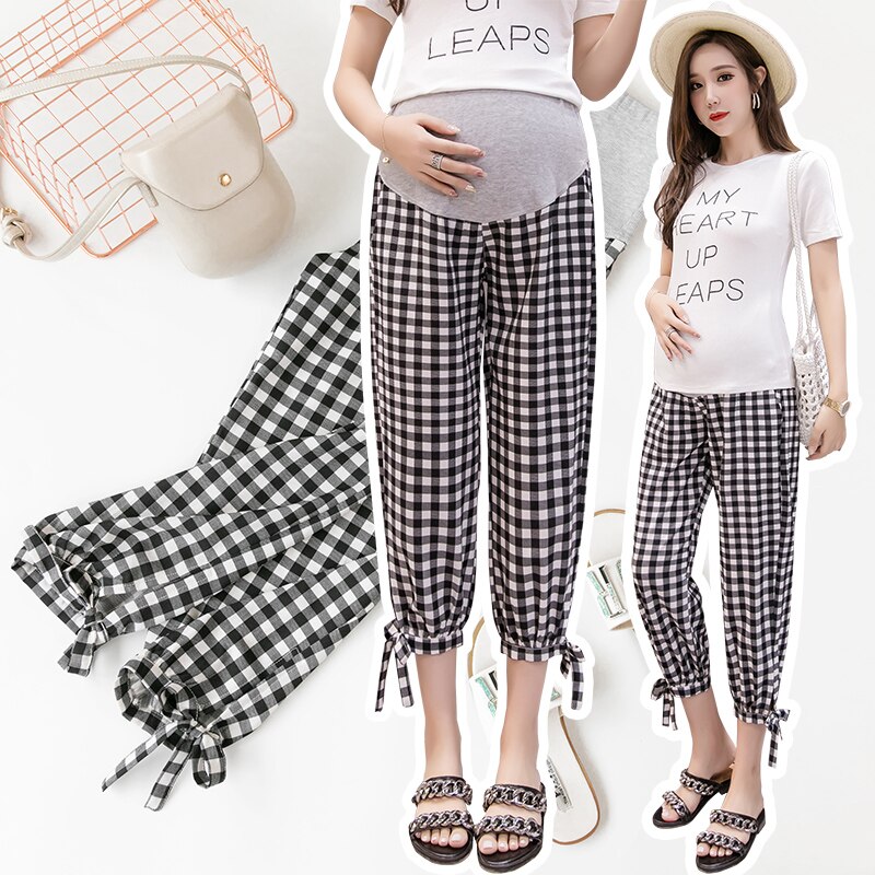 JUAYKALA Summer Plaid Pattern Maternity Pants Casual Comfort Loose Korean Fashion Pregnant Women Pants