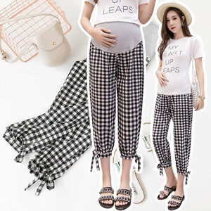 JUAYKALA Summer Plaid Pattern Maternity Pants Casual Comfort Loose Korean Fashion Pregnant Women Pants