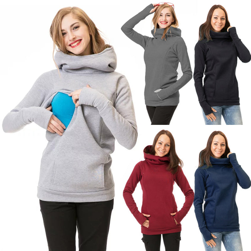 Women Nursing Pregnant Maternity Long Sleeve Tops Hooded Sweatshirt Solid Color Hoodie K2