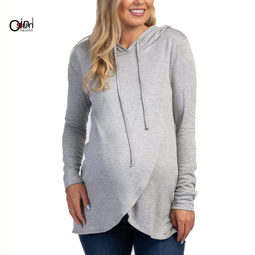 Osunlin Maternity Sweatshirt Women Nursing Hooded Breastfeeding Sweatshirt Long Sleeves Hoodie Pregnant Front Slit Hoodies