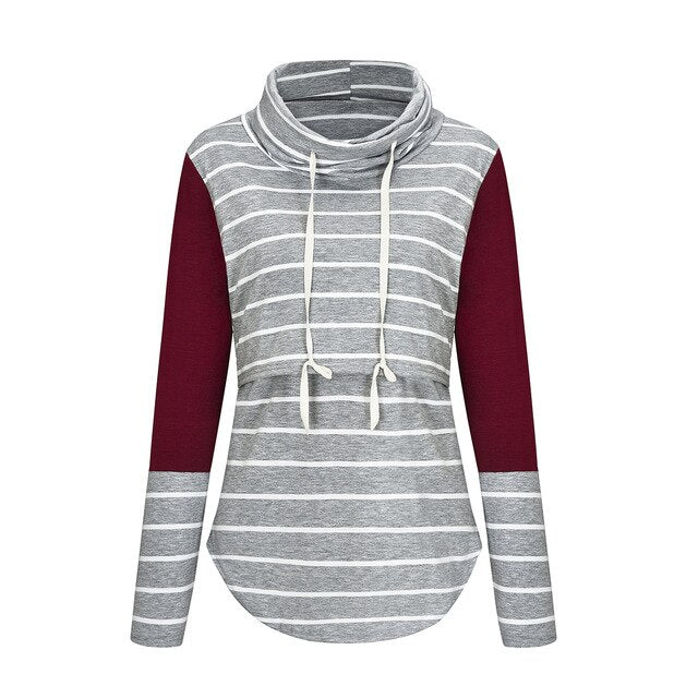 2019 Pregnant Women Hoodies Autumn Long Sleeve Striped Nursing Tops Turtleneck Maternity Breastfeeding