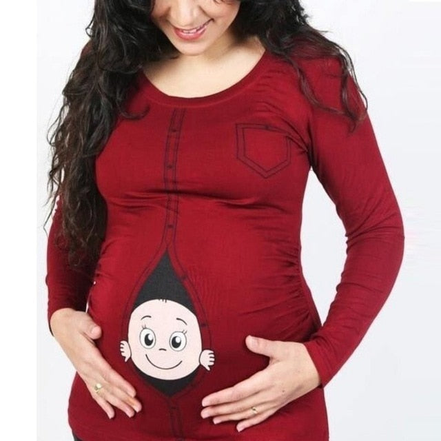 Long Sleeve Shirt Women Graphic Tees Femme Thanksgiving Gifts Pregnant Maternity T Shirts Cute Baby Peeking Out Funny Shirts