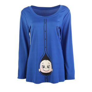 Long Sleeve Shirt Women Graphic Tees Femme Thanksgiving Gifts Pregnant Maternity T Shirts Cute Baby Peeking Out Funny Shirts